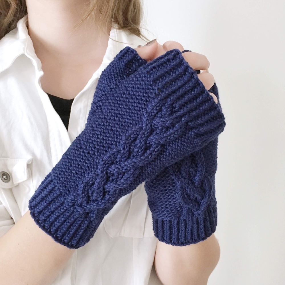Blue Knitted Fingerless Gloves Mittens for Women OS Winter Gloves Handmade